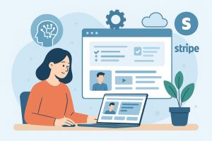 オンライン教育プラットフォームの利用イメージ、女性がPCで学習動画やテストを操作する様子、AIとStripeロゴのアイコンが背景に配置