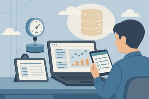 校正管理システムのイメージ、タブレットとPCを使い計測機器のデータを管理する様子