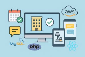 マンション管理システムのイメージイラスト、PCとスマホで予約・掲示板・チャット機能