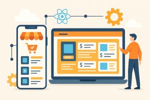 マーケットプレイスのイメージ、スマホとPCでECサイトを操作する様子、Reactロゴとギアアイコンが背景に配置