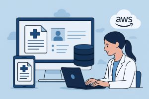 医療従事者がパソコンで医療文書を管理するシステムイメージ、AWSとクラウド基盤を活用