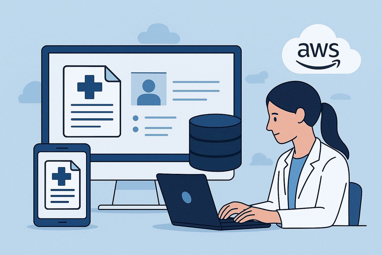 医療従事者がパソコンで医療文書を管理するシステムイメージ、AWSとクラウド基盤を活用