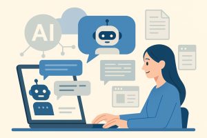 AIチャットボットとの対話イメージ、女性がノートパソコンでAIと会話し、情報を確認している様子