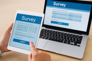 iPadとノートパソコンを使ってアンケートに回答する様子。マルチデバイスでのアンケートシステム利用イメージ