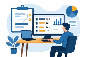 工数管理システムのイメージ、オフィスでパソコンを操作し、稼働時間やプロジェクト進捗を確認する様子